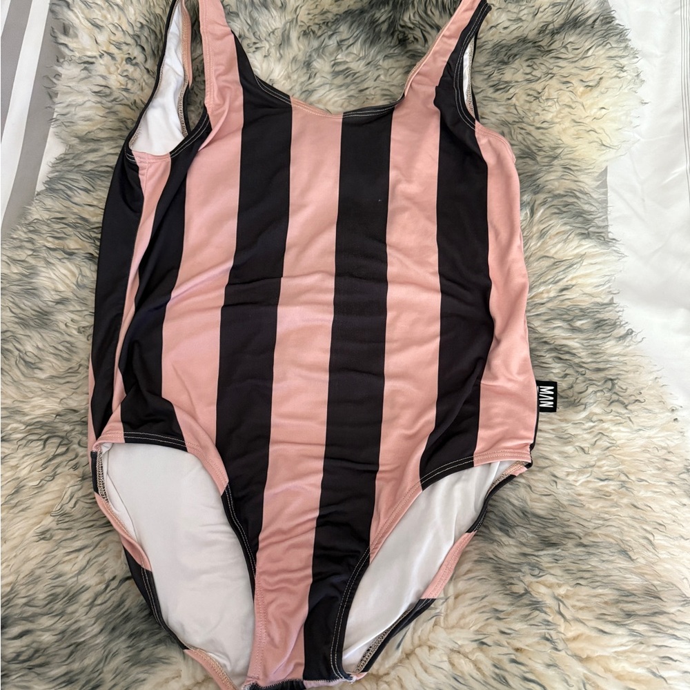 Striped Pink and Black Kids Swimsuit Little Man Happy